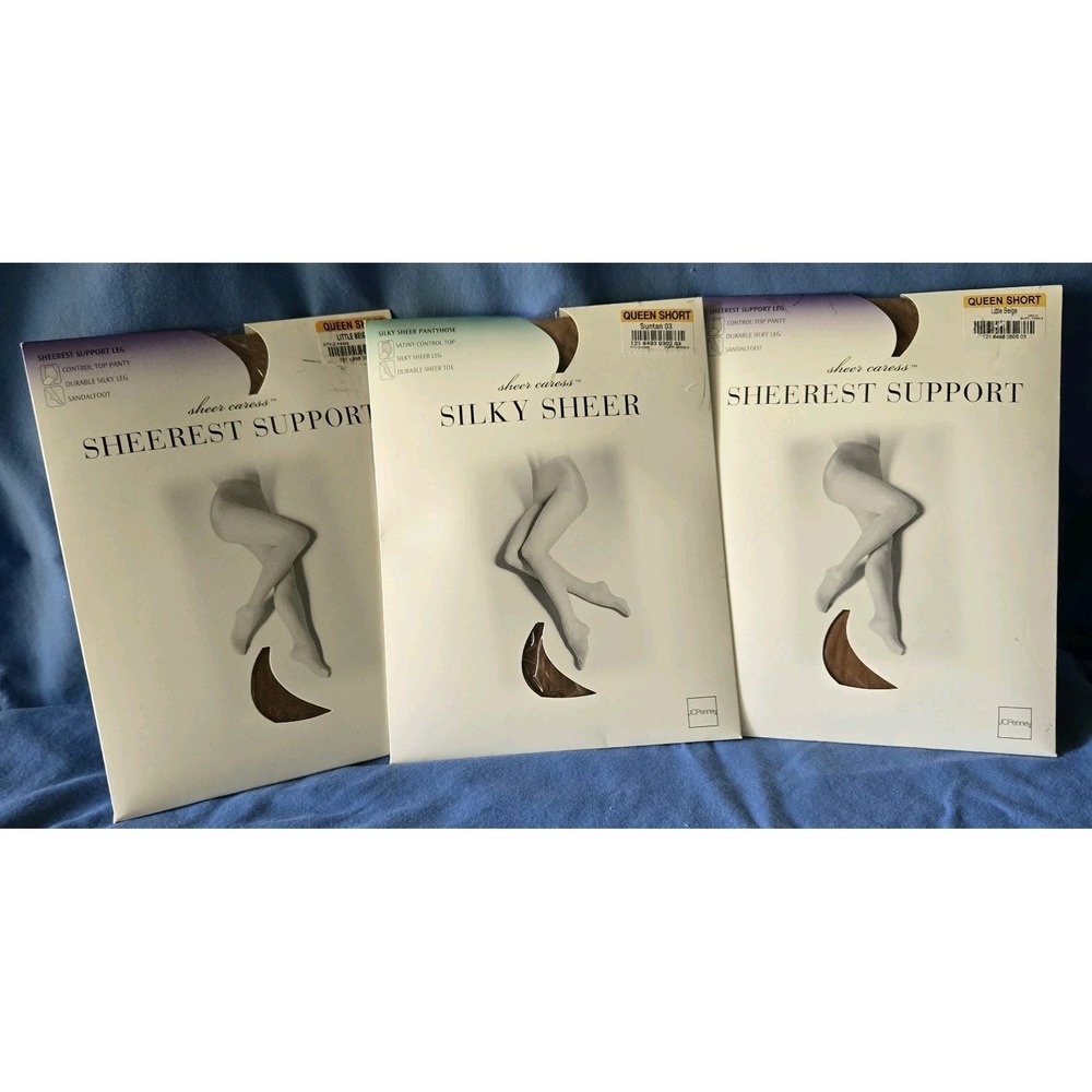 LOT OF 3 New JC Penney Sheer Caress Pantyhose QUEEN SHORT 2 Beige/1 Suntan